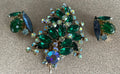 Large Vintage D & E Juliana Blue and Green Rhinestone  Brooch Pin and Clip Earrings