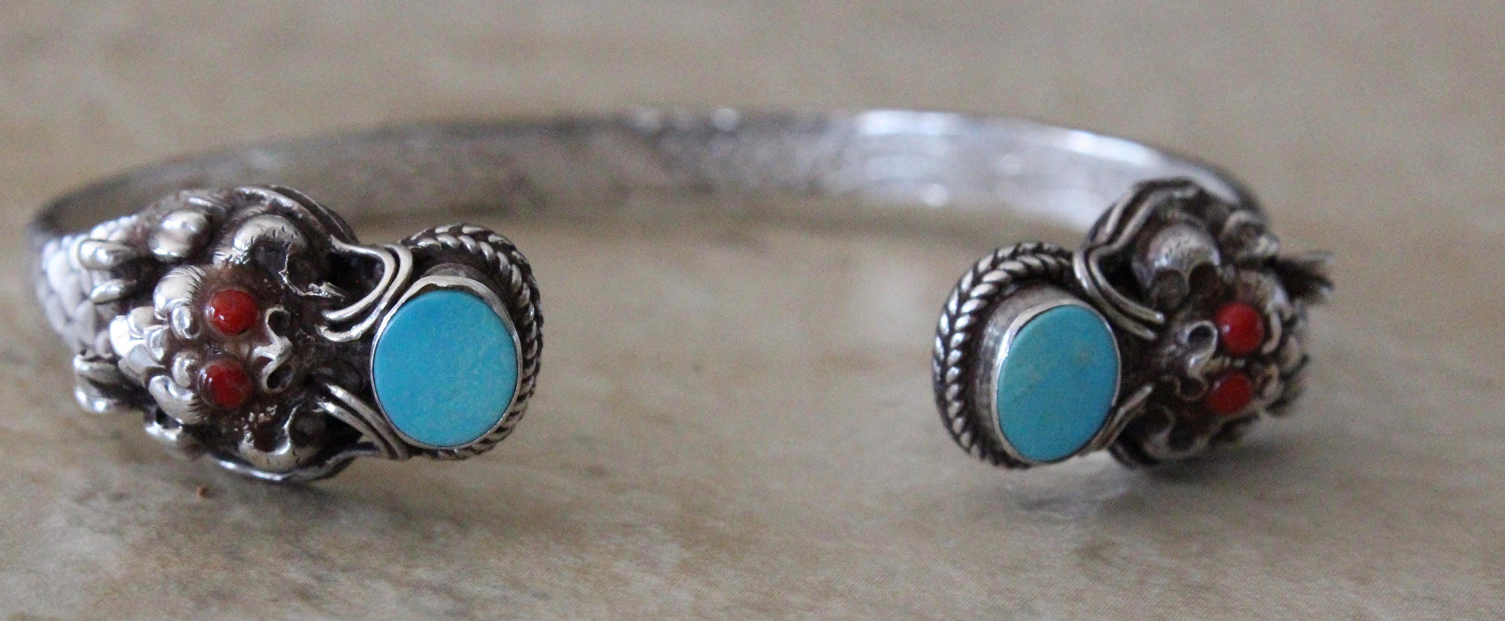 Vintage Unique  Sterling Silver Turquoise and Coral Dragon Cuff Bracelet