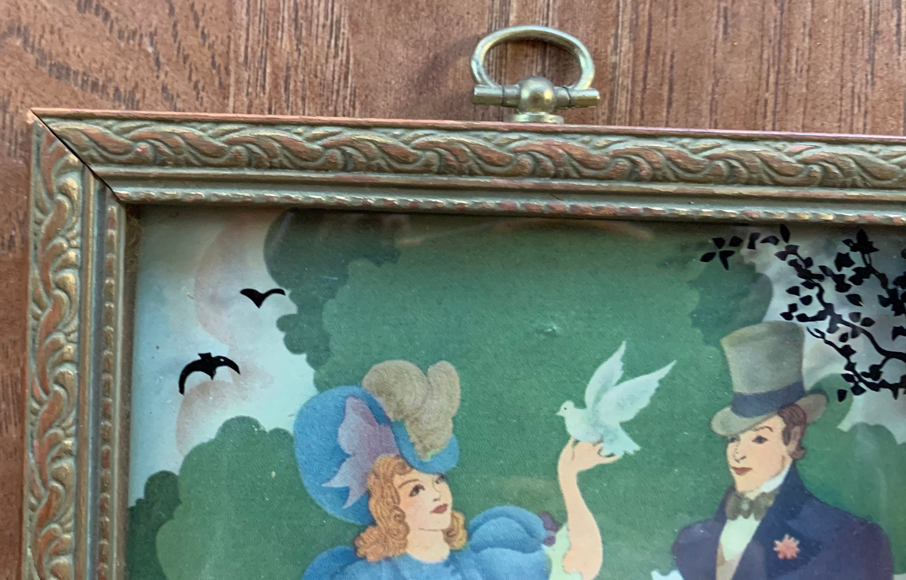 2 Beautiful Vintage Victorian Lovers Silhouette Pictures with Gold Guilt Frames and Convex Glass