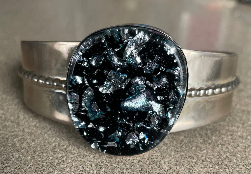 Unique Large Black and Silver Foil Dichoric Glass Jay King Desert Rose Cuff Bracelet Stamped DTR