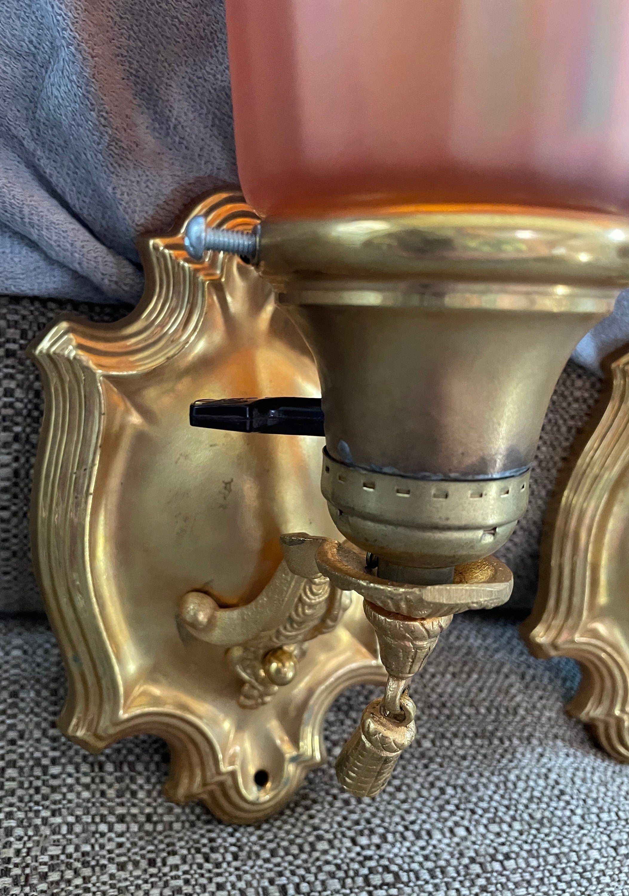 Rare Vintage/Antique 2 Wall Sconces with Carnival Glass Shades
