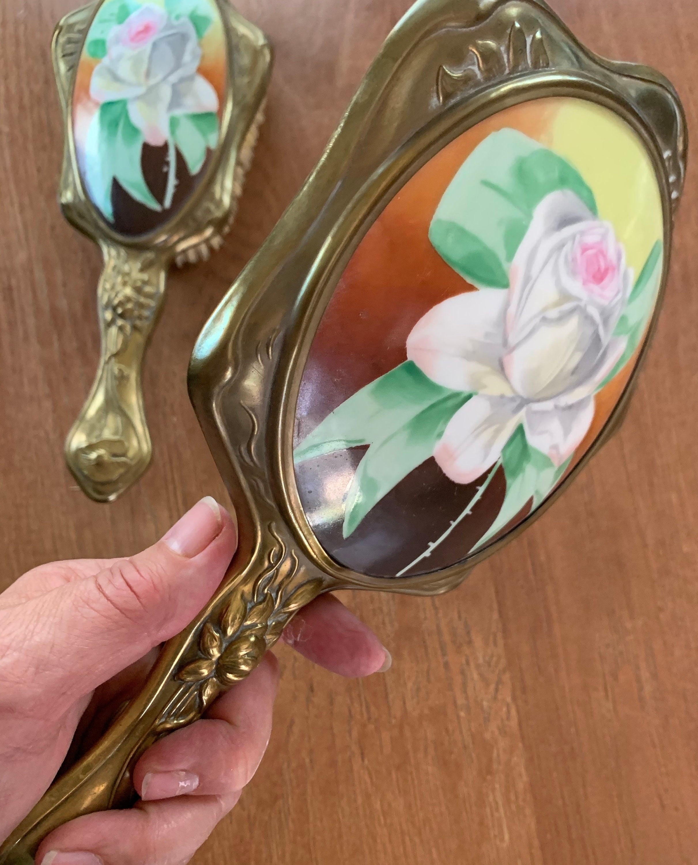 Beautiful Antique Victorian Hair Brush and Mirror with Hand Painted Roses