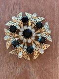 Beautiful Gold Black and White Rhinestone Brooch Pin Signed Celebrity NY