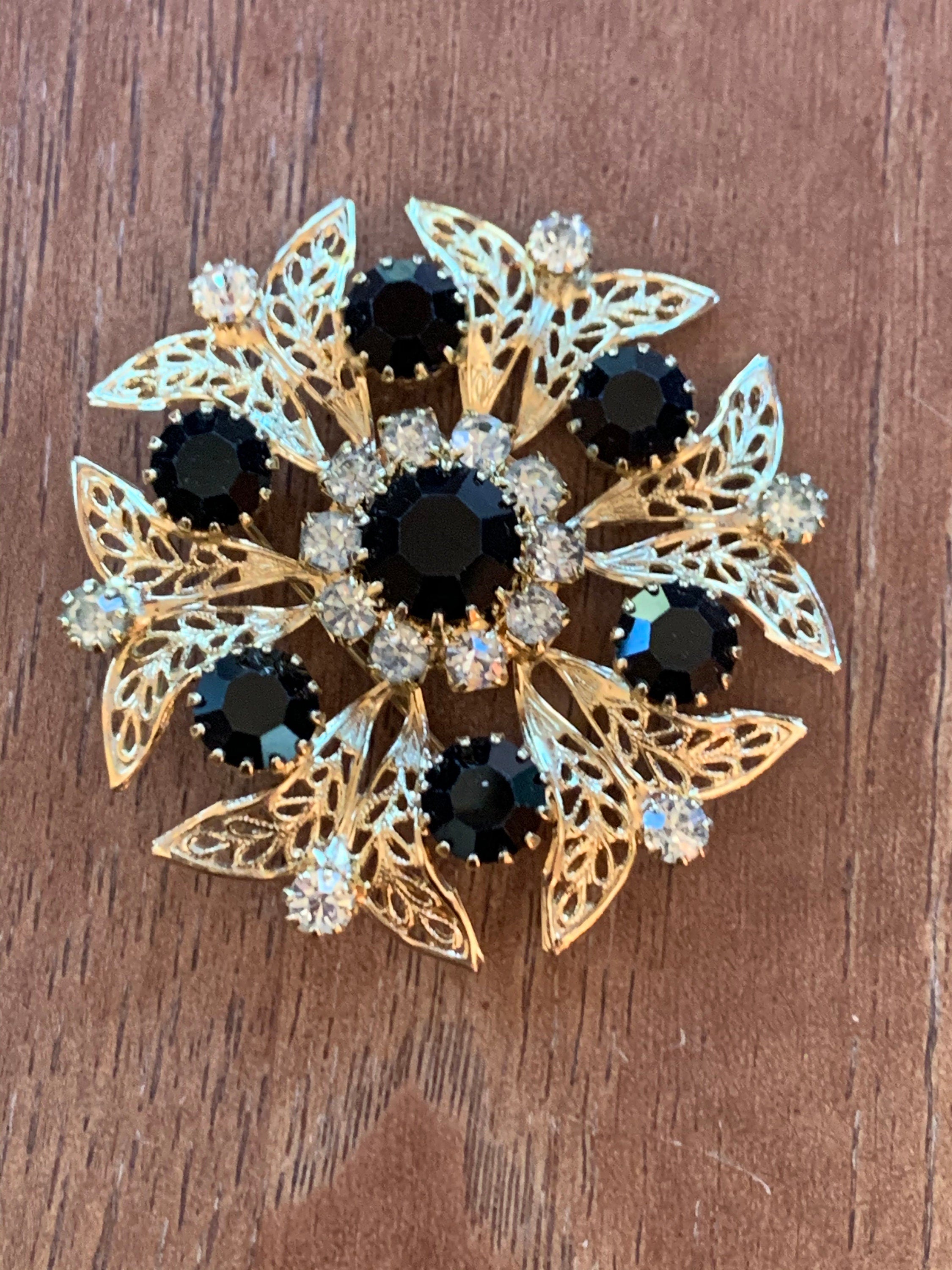 Beautiful Gold Black and White Rhinestone Brooch Pin Signed Celebrity NY