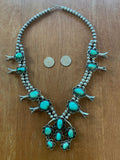 Heavy Sterling Silver Light Green Turquoise Artist Signed Squash Blossom Native American Necklace