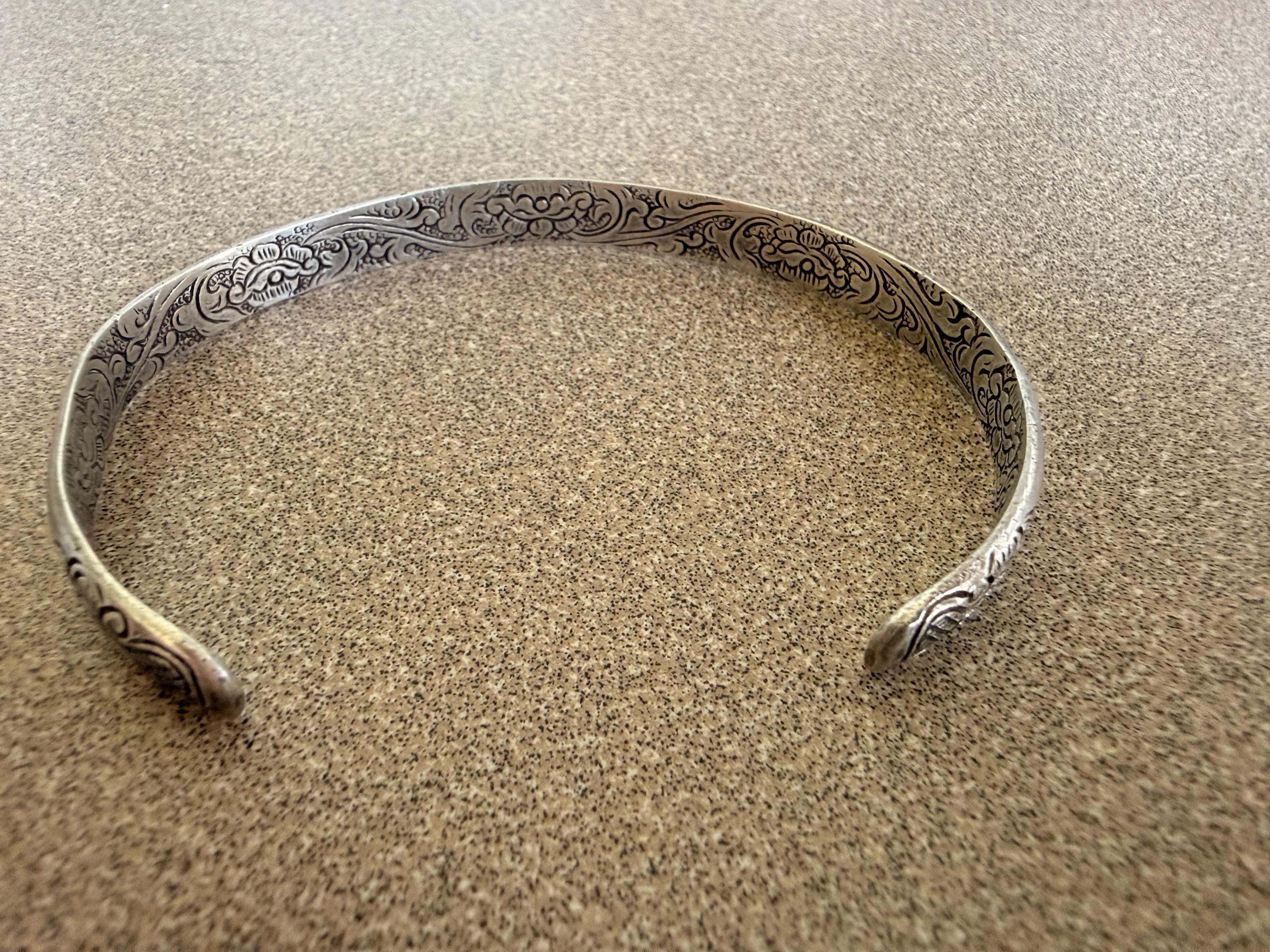 Signed Moti S Native American Made Sterling Silver Cuff Bracelet Floral Design Inside and Out