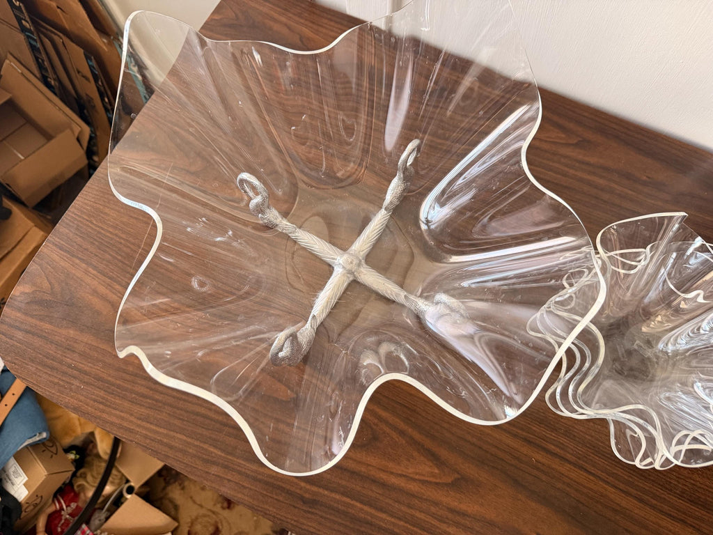 Vintage 1989 Arthur Court Large  Acrylic Salad Bowls Set Aluminum Swan Stand
