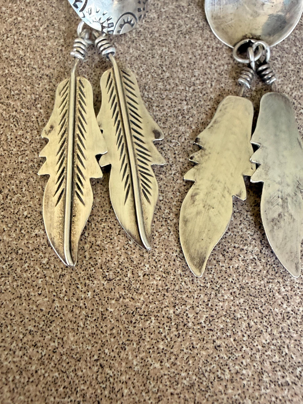 Beautiful Native American Sterling Silver and Turquoise Feather Dangle Post Earrings 2 1/2" long
