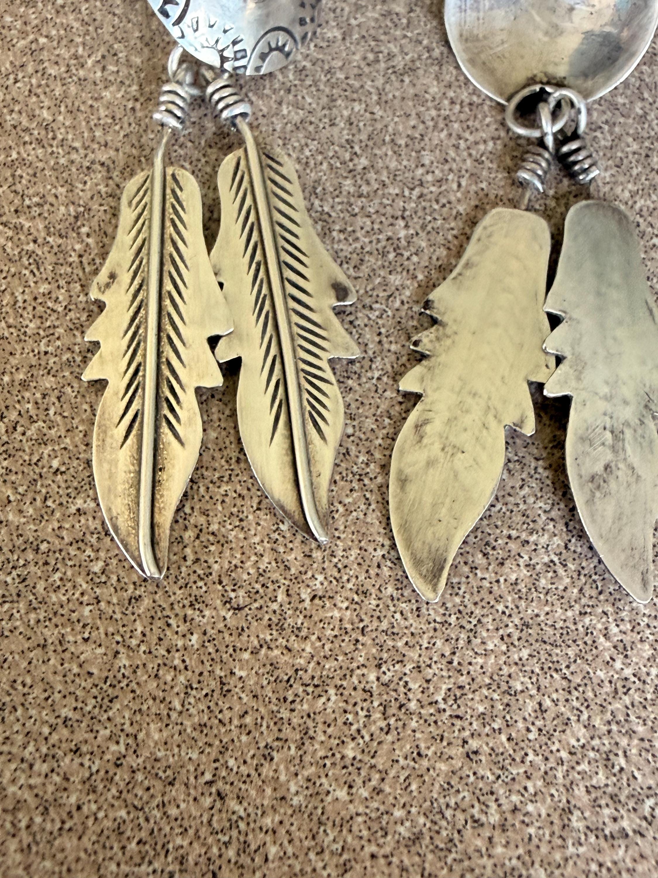 Beautiful Native American Sterling Silver and Turquoise Feather Dangle Post Earrings 2 1/2" long