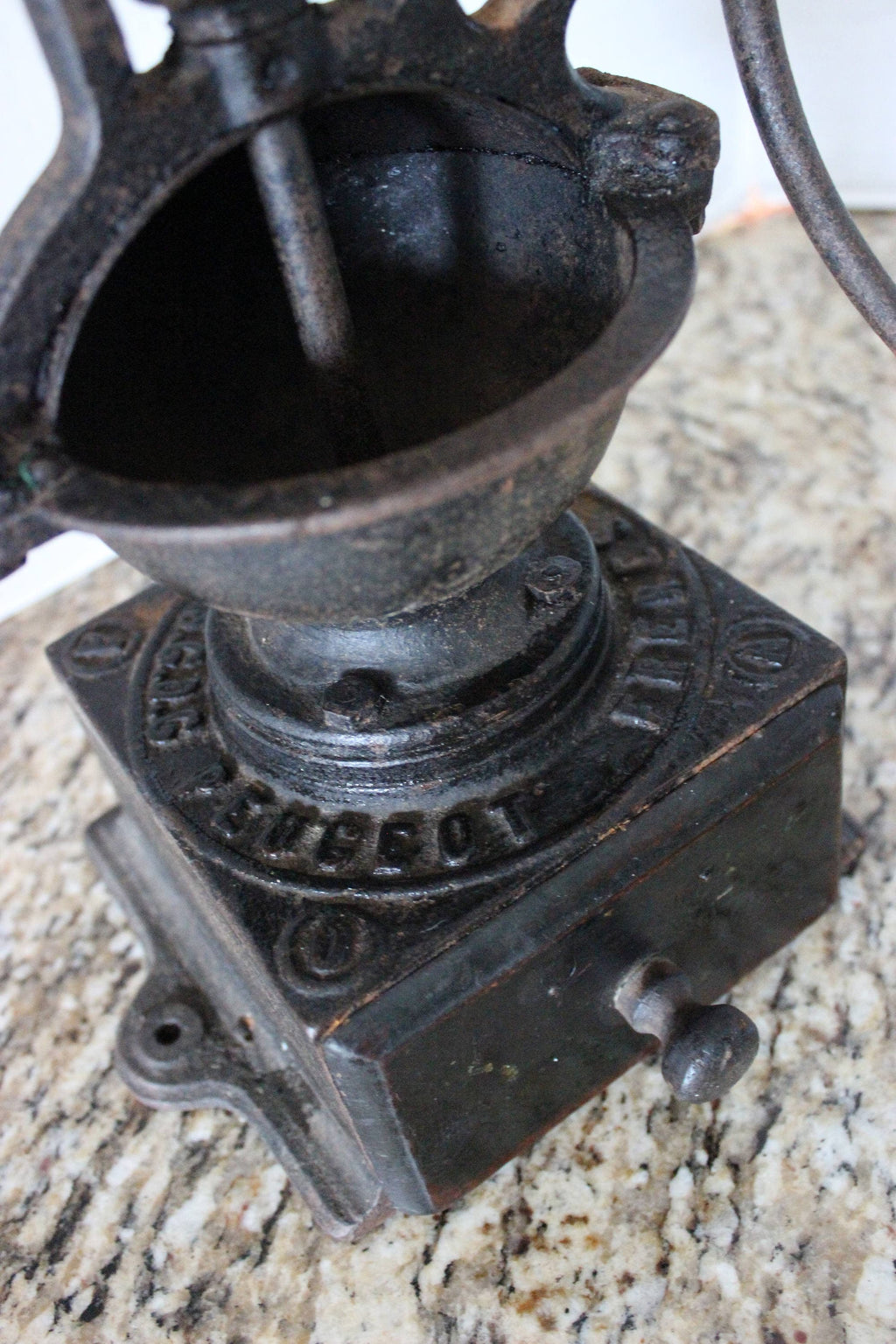 Rare! Antique French Coffee Grinder Mill Peugeot Freres 1890's Cast Iron & Wood A0 size