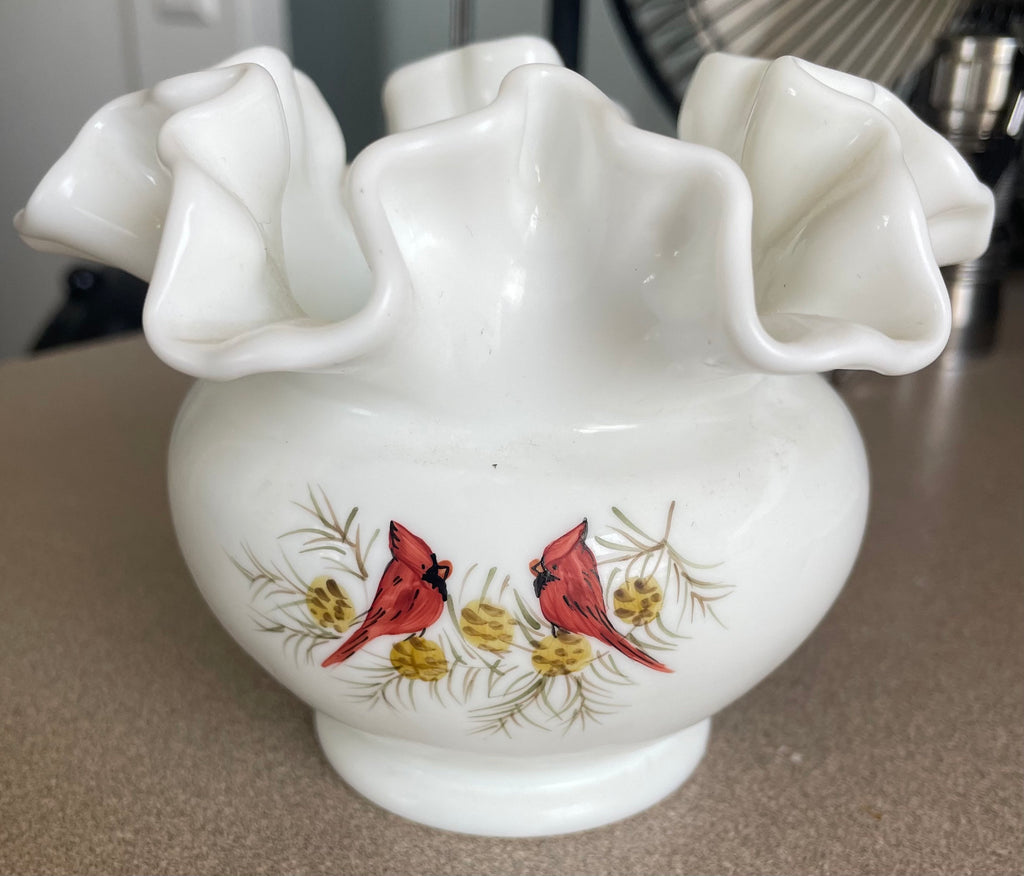 Vintage Fenton White Milk Glass Ruffle Bowl with Hand Painted Cardinal Bird Artist Signed Original Tag