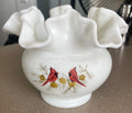Vintage Fenton White Milk Glass Ruffle Bowl with Hand Painted Cardinal Bird Artist Signed Original Tag