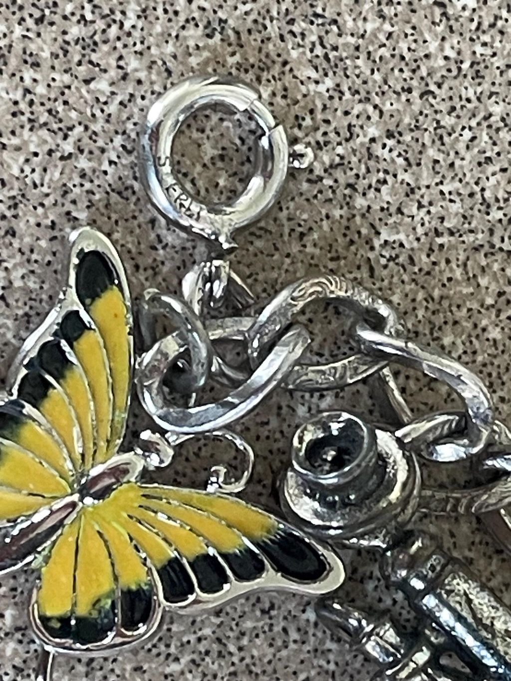 Vintage Sterling Silver Charm Bracelet with 7 Charms Enamel Marked Sterling Vintage Camper Phone Butterfly Turtle Artist Signed