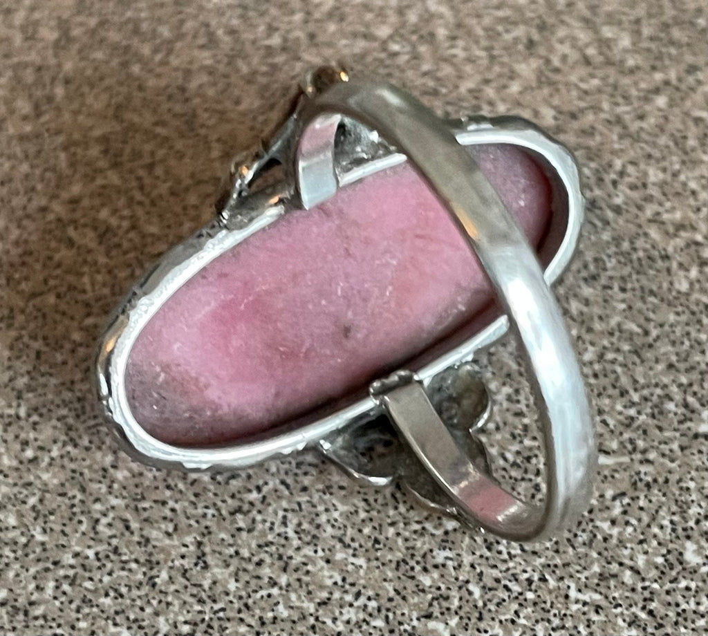 Beautiful Sterling Silver and 10k Gold Ring with Black Manganese and Pink Rhodonite Size 7 1/2 Great Holiday Gift