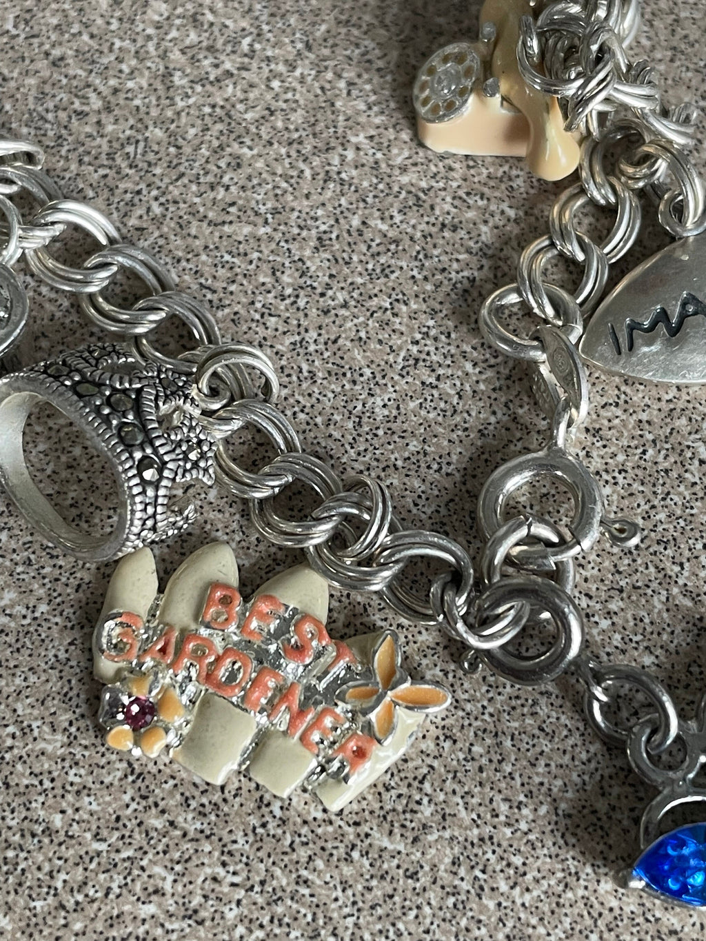 Vintage Sterling Silver Charm Bracelet with 15 Charms Enamel Precious Stones Rhinestones Marked 925