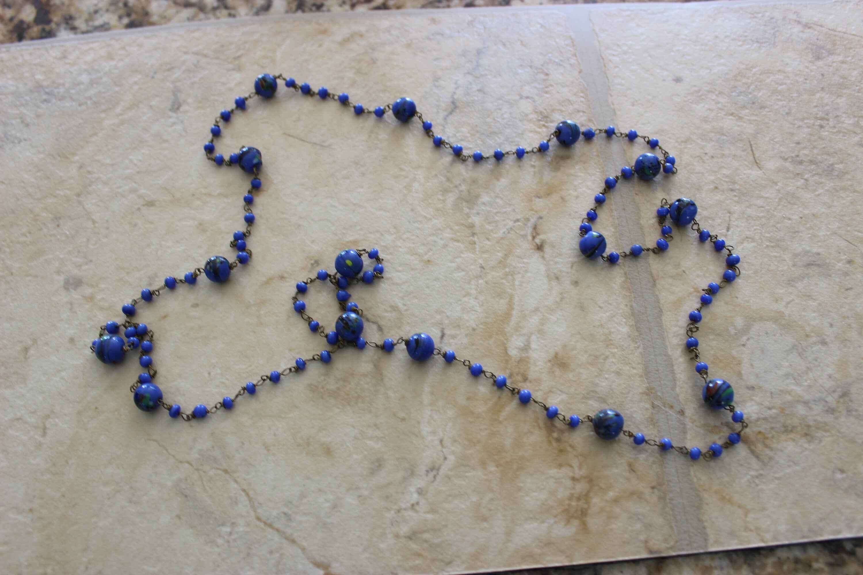Vintage Cobalt Blue Color Venetian Millefiori Necklace Murano Glass Italian