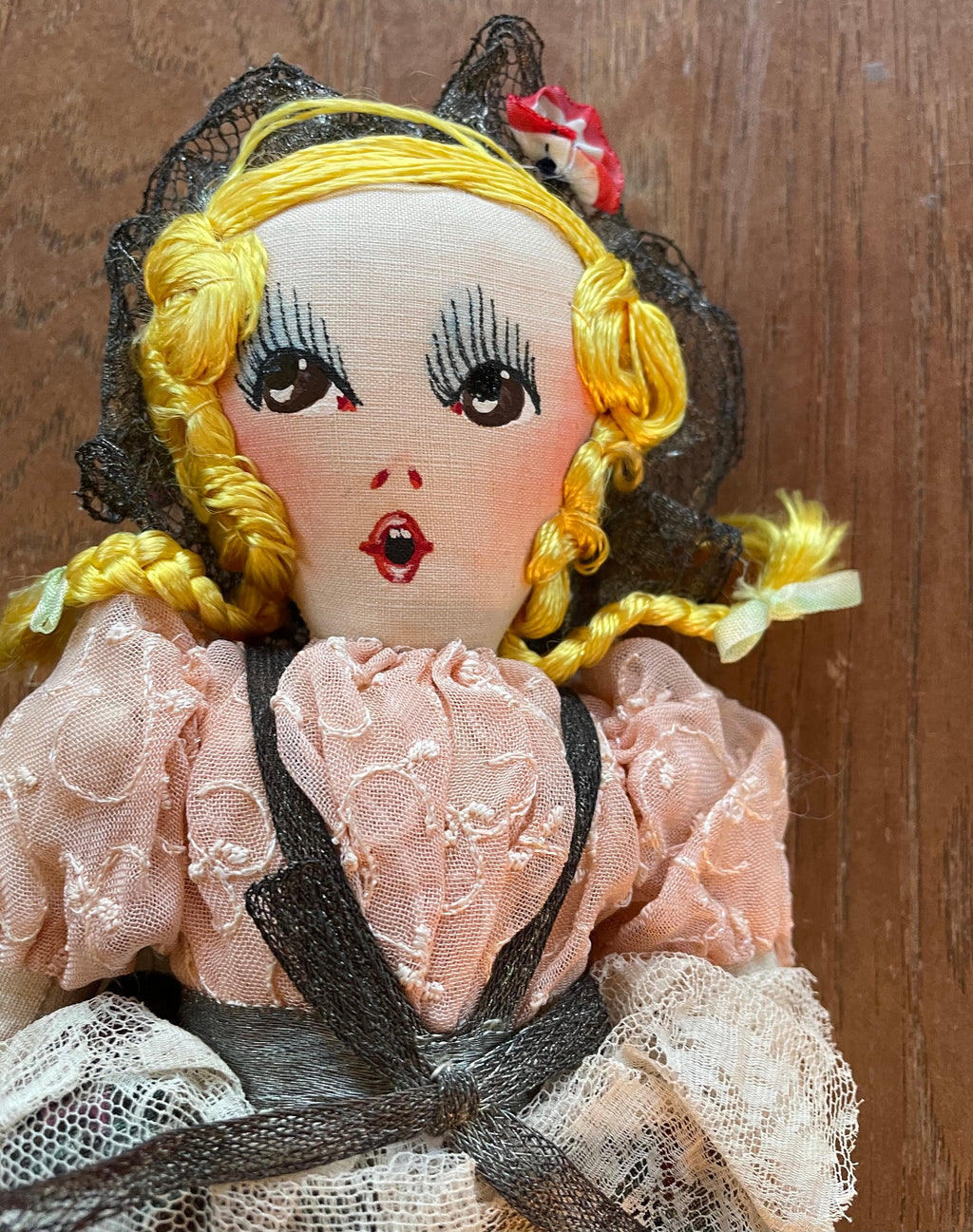 Antique WWII Hand Painted Cloth Doll Made in France Signed Alastian