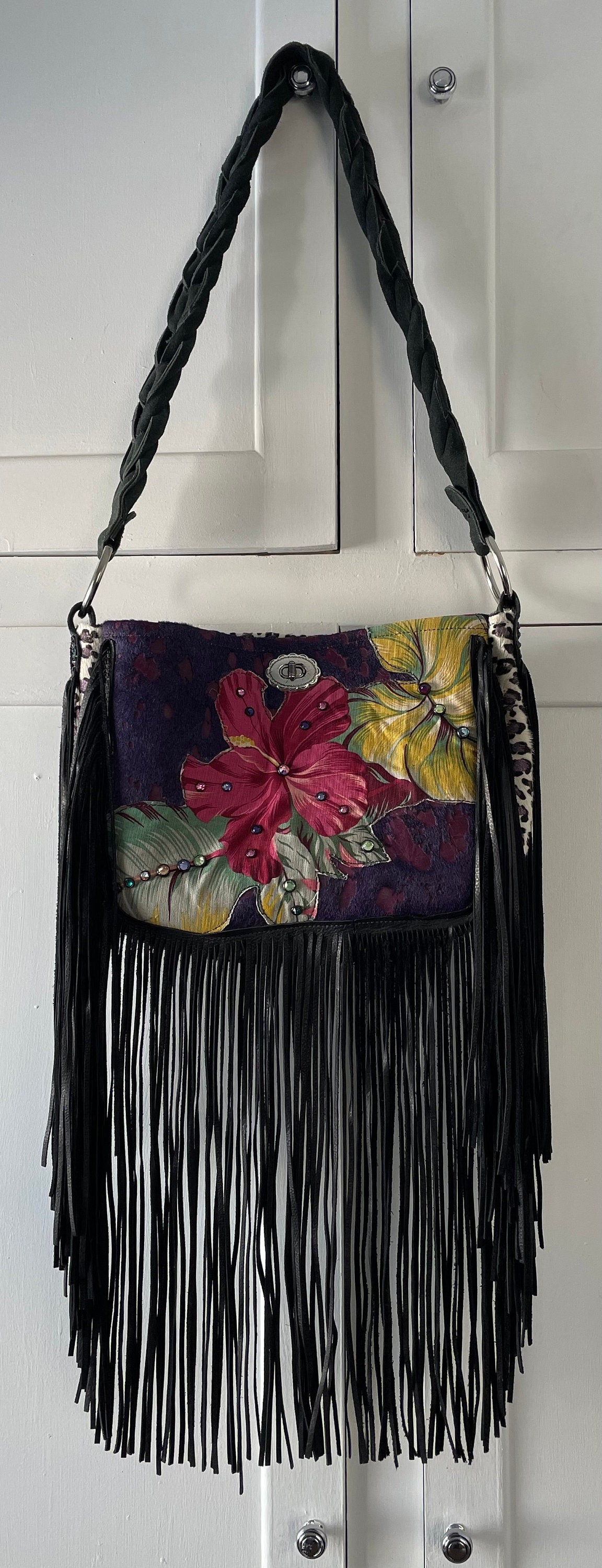 Vintage Custom Made Western Purse Tote Genuine Leather and Horse Hair Fringe Rowdy Rose HTF