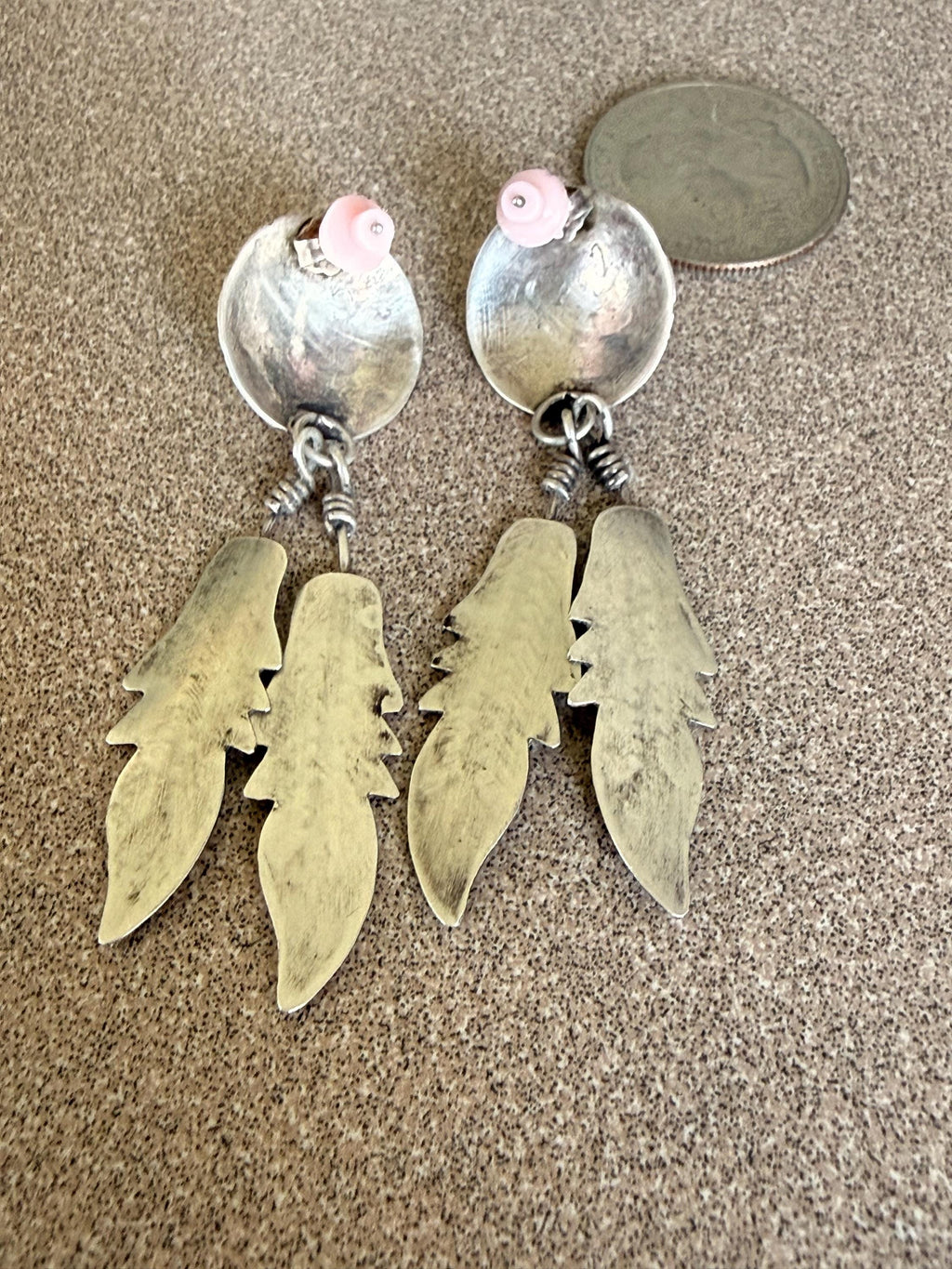 Beautiful Native American Sterling Silver and Turquoise Feather Dangle Post Earrings 2 1/2" long