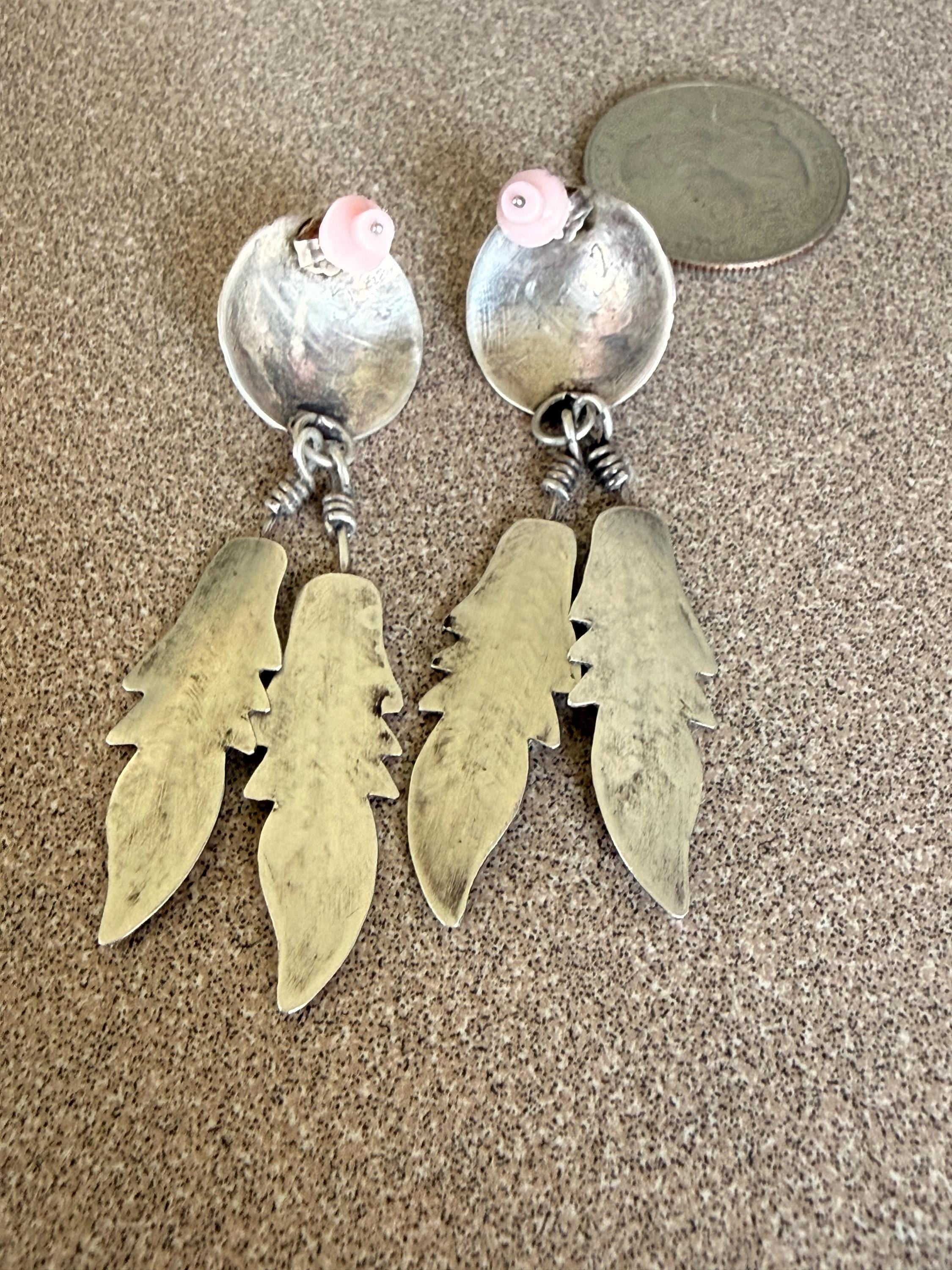 Beautiful Native American Sterling Silver and Turquoise Feather Dangle Post Earrings 2 1/2" long