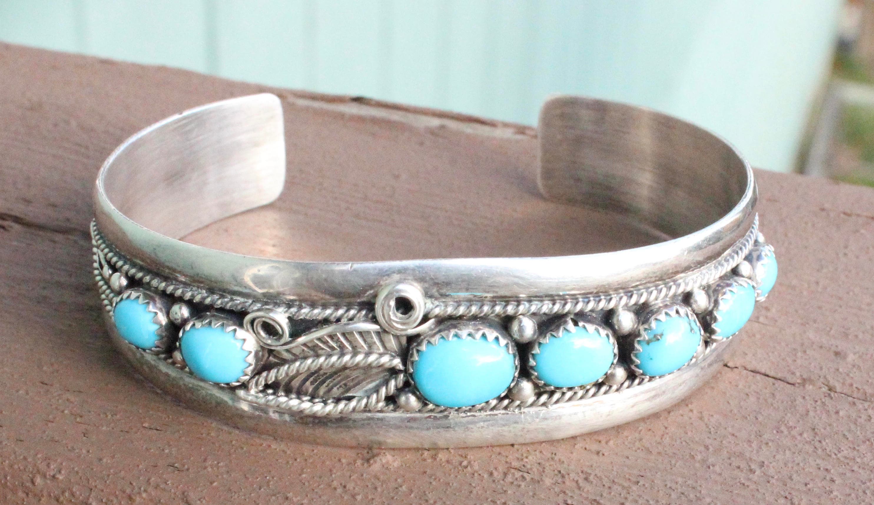Vintage  Native American Turquoise and Sterling Silver Cuff Bracelet Turquoise Signed "J"