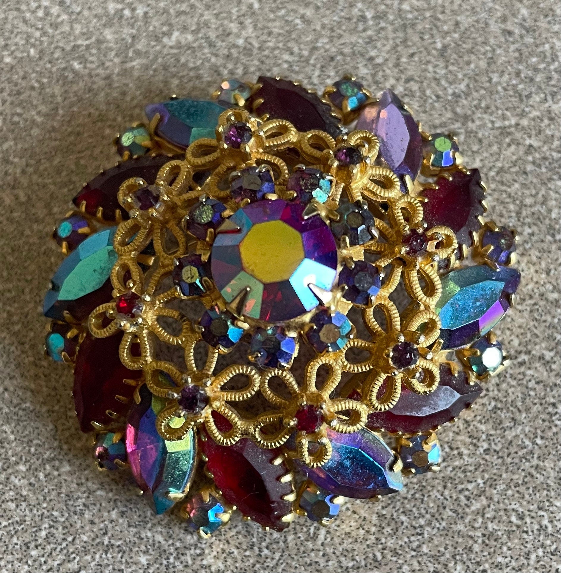 Stunning Large D & E Juliana Vintage High Domed Aurora Rhinestone Brooch Pin Watermelon Rhinestone Multi Colors Gold Flowers Reds and Blues