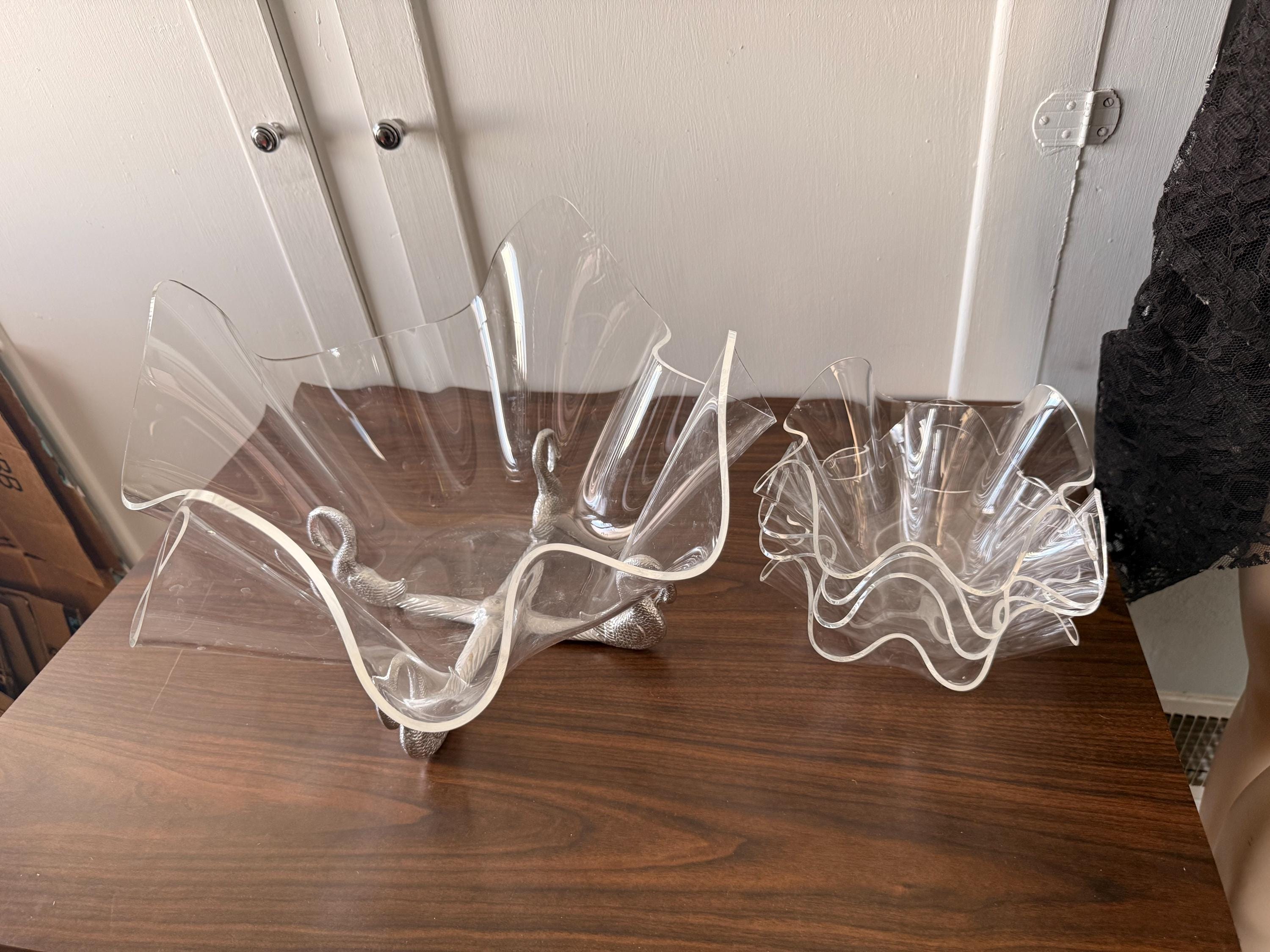 Vintage 1989 Arthur Court Large  Acrylic Salad Bowls Set Aluminum Swan Stand