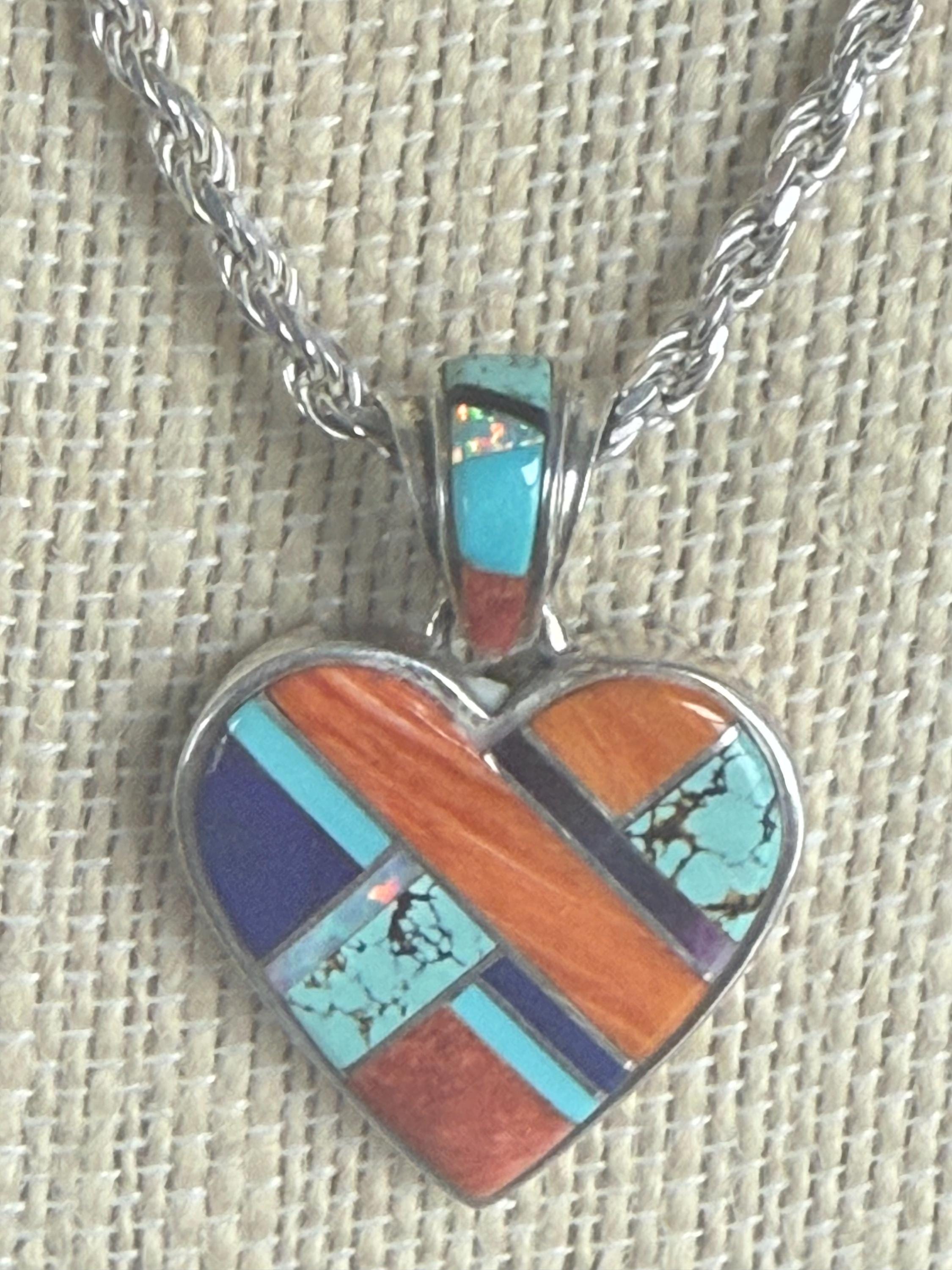 Unique Vintage Native American Turquoise Spiny Oyster Sterling Silver Double Sided Heart Pendant Necklace Signed