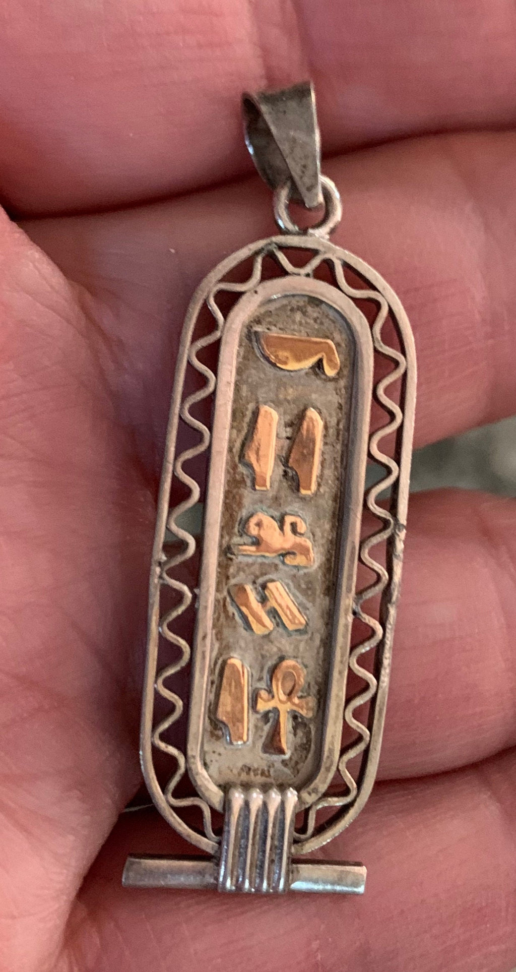 Sterling Silver Egyptian Pendant with 14k Gold Hieroglyphs