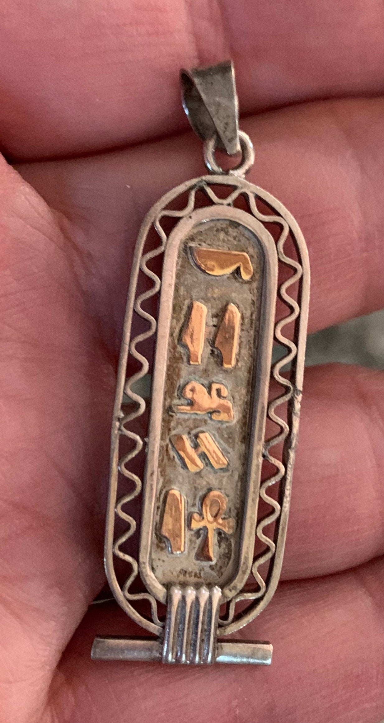Sterling Silver Egyptian Pendant with 14k Gold Hieroglyphs