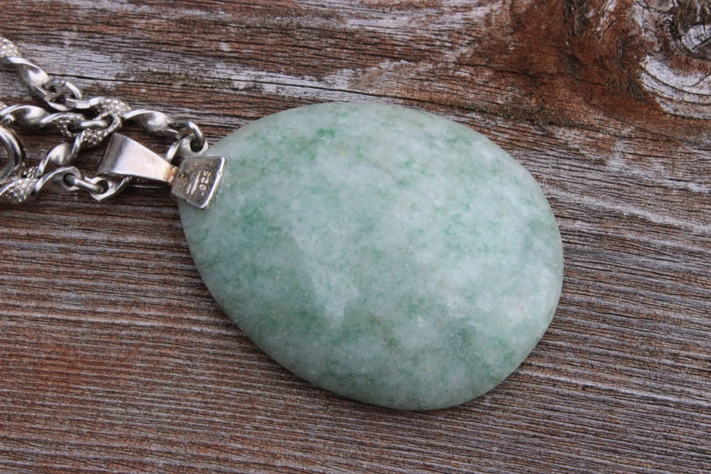 Vintage Large Light Green Jade Cabochon Pendant Necklace with Sterling Silver