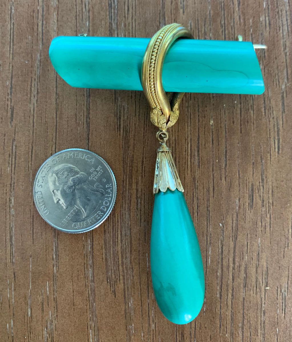 Super Rare 22k Gold Malachite Deco Brooch Pin made in France Stamped