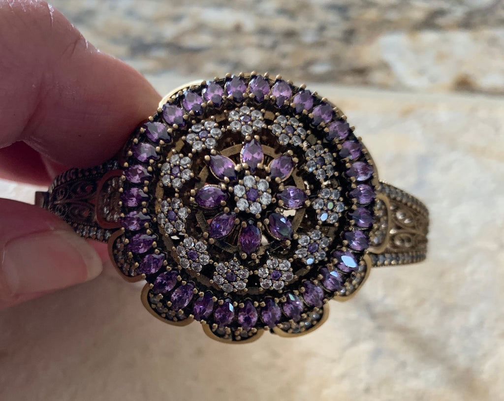 Stunning Large Amethyst Sterling Silver Bronze Turkish Hinged Bracelet