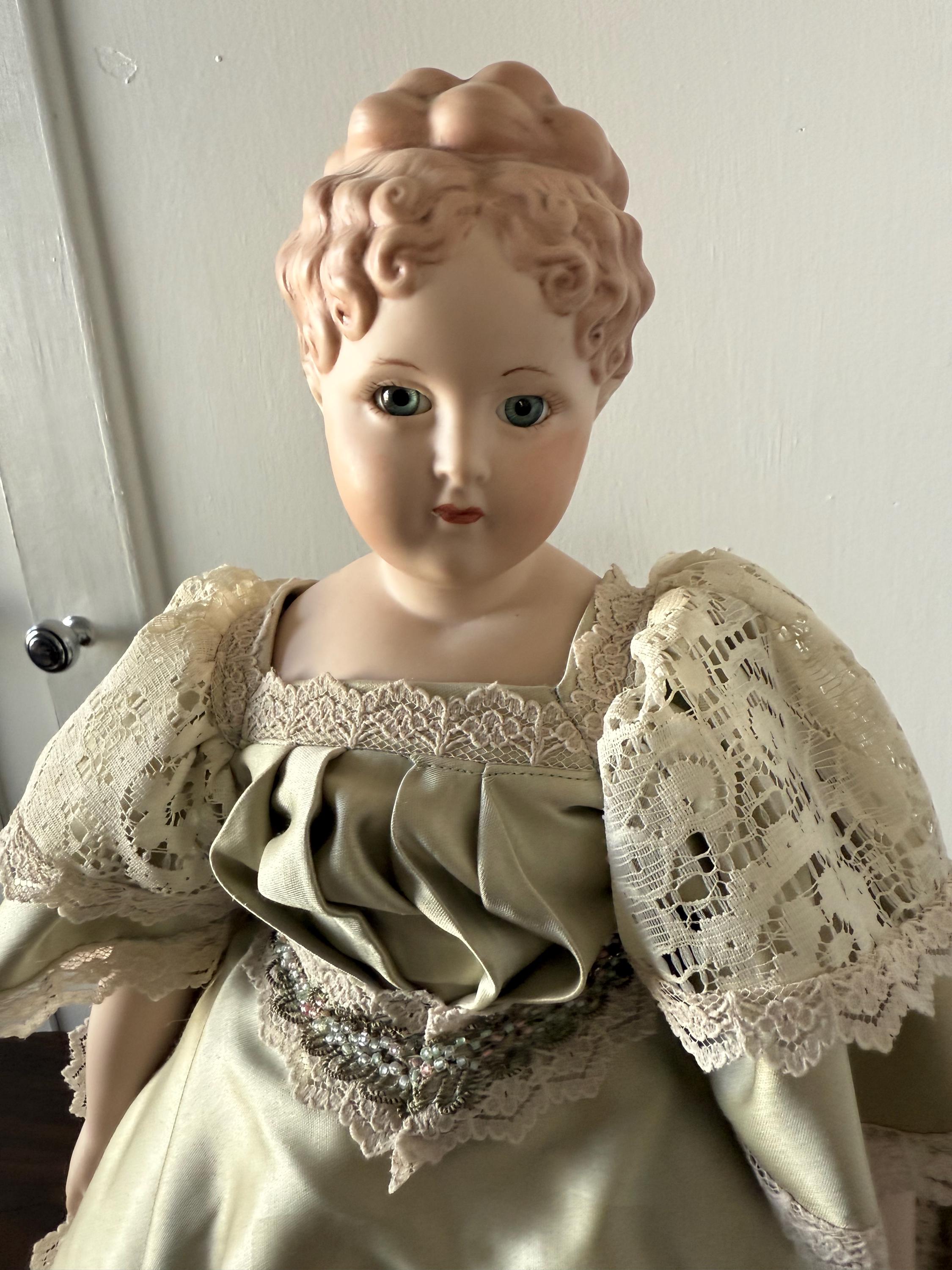 Antique 18" German Parian China Head doll Reproduction with Handmade Satin Green Lace Dress Glass Eyes