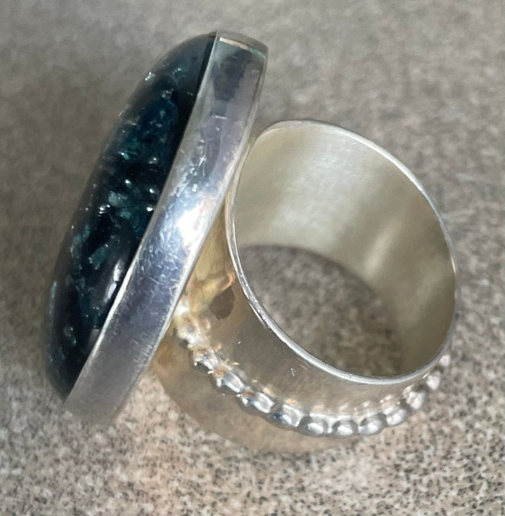 Unique Large Black and Silver Foil Dichoric Glass Jay King Desert Rose Ring Stamped DTR Size 7
