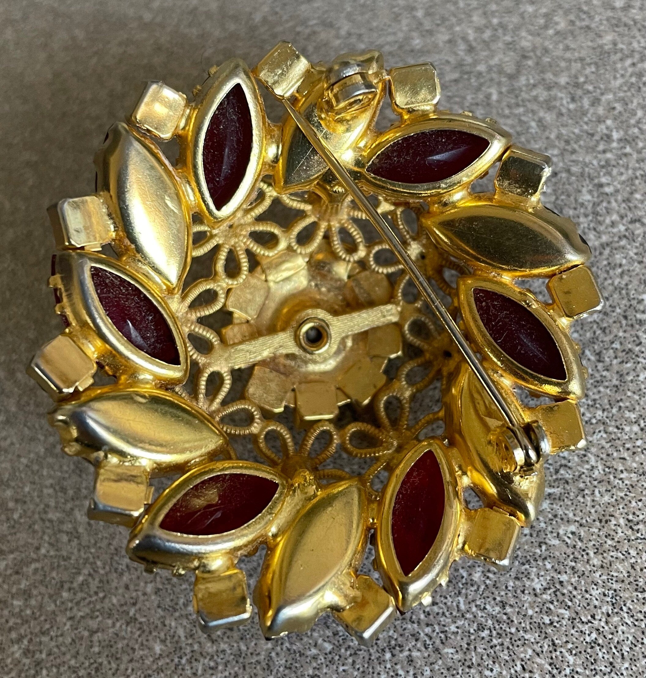 Stunning Large D & E Juliana Vintage High Domed Aurora Rhinestone Brooch Pin Watermelon Rhinestone Multi Colors Gold Flowers Reds and Blues