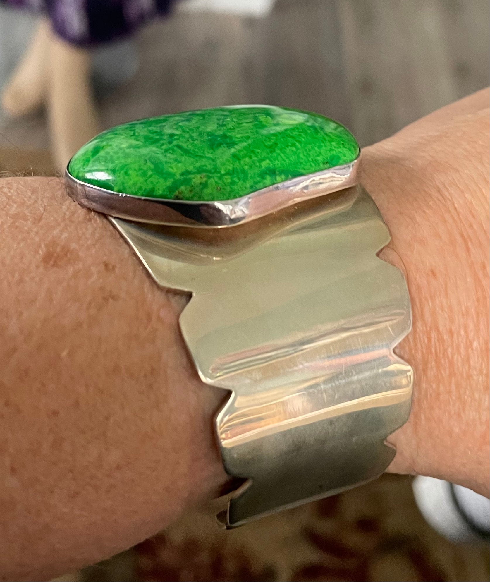Unique Large Green Turquoise Jay King Desert Rose Cuff Bracelet Stamped DTR