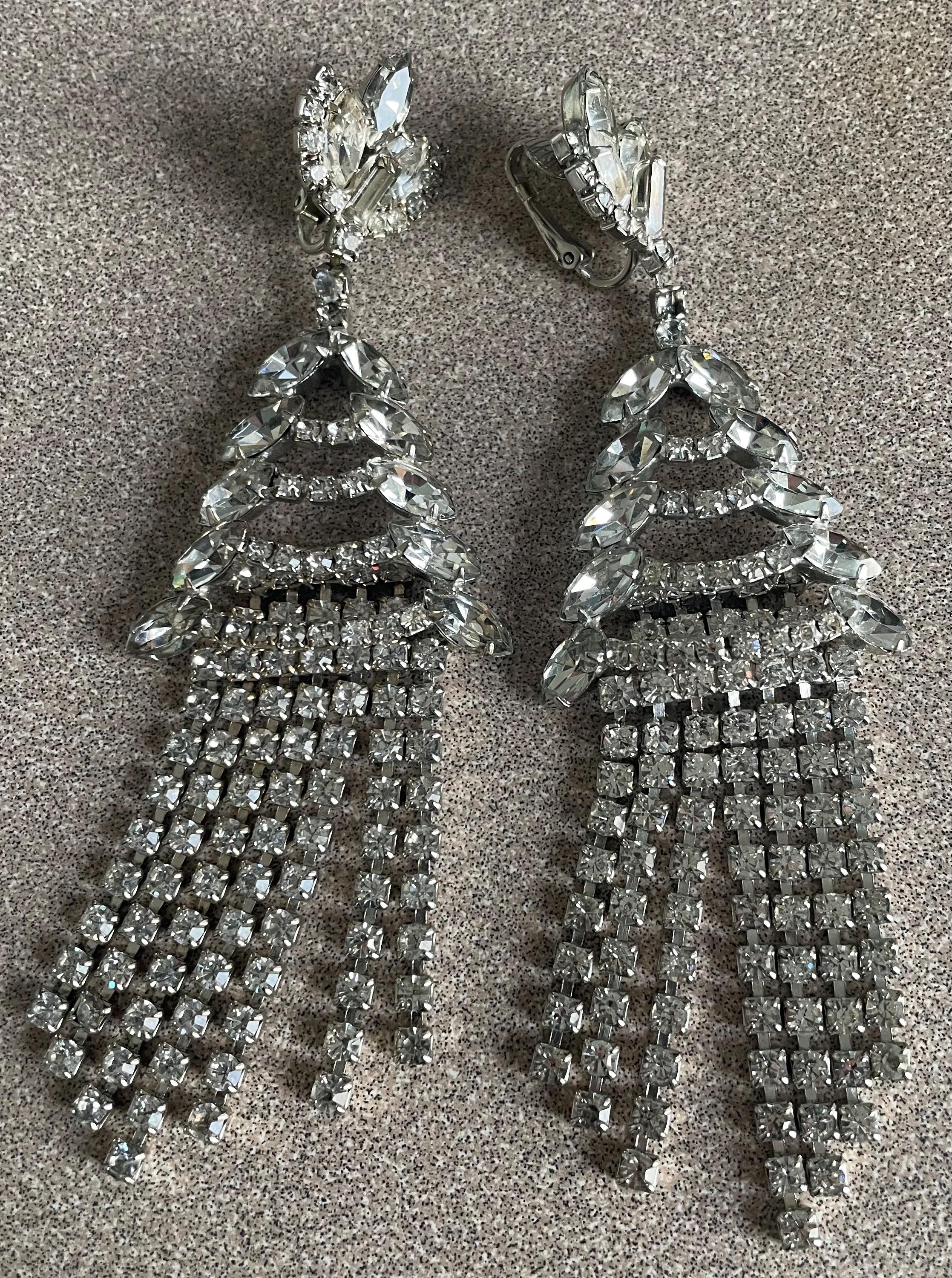 Stunning Antique Clear Rhinestone Christmas Tree Cascade Dangle Earrings
