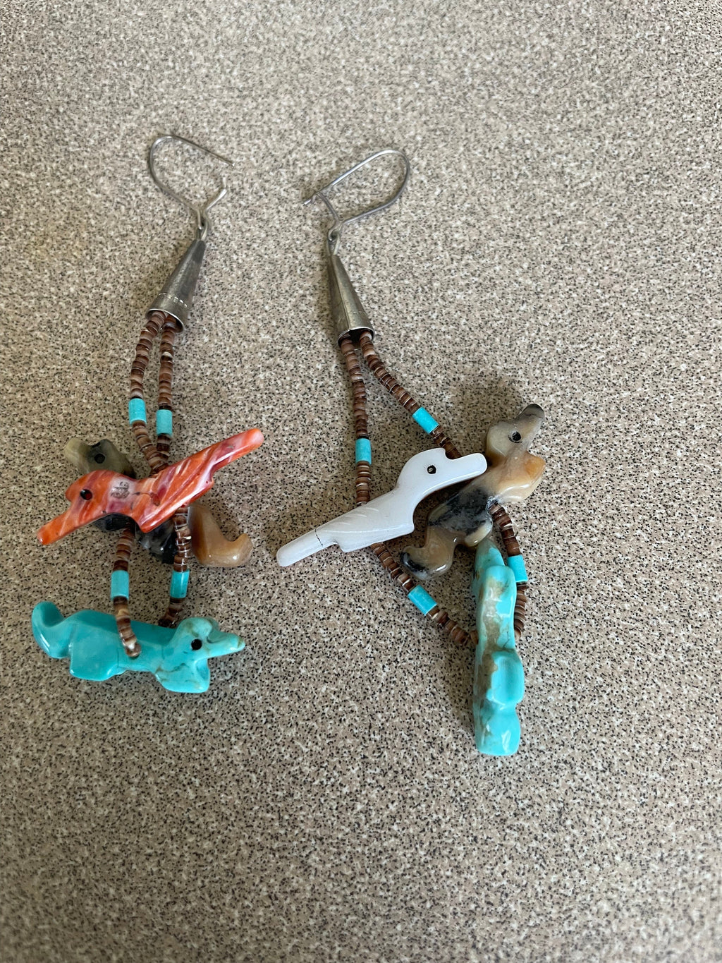 Vintage Sterling Silver Beaded Abalone Carved Birds Fetish Dangle Earrings