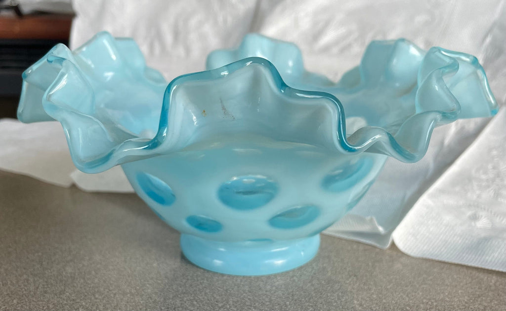 Vintage Baby Blue Fenton Coin Dot Ruffle Bowl Glassware
