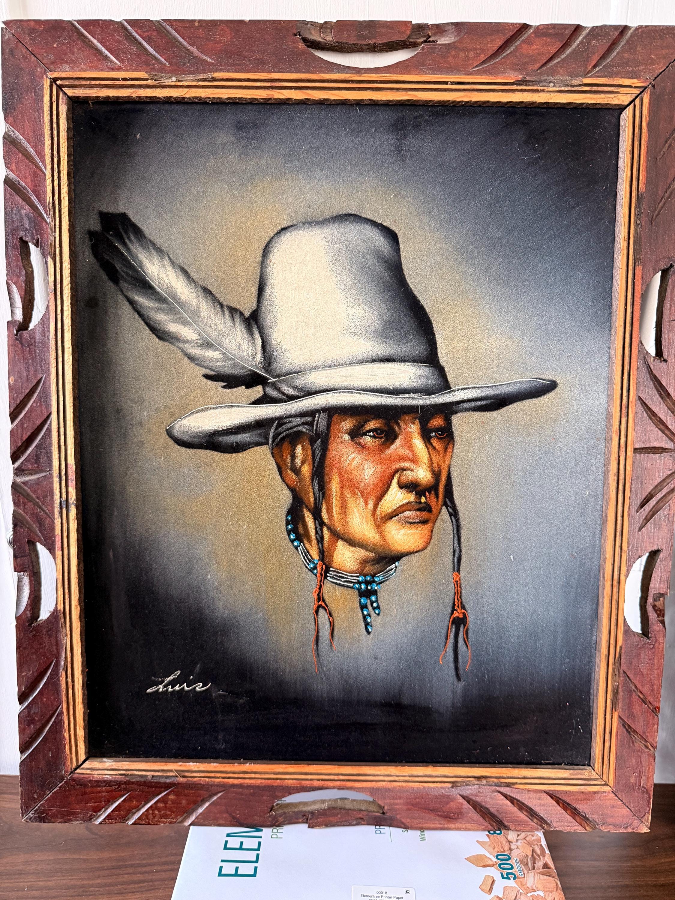 Beautiful Vintage Hand Painted Native American Indian Chief Picture on Black Velvet 24 X 20  Artist Signed Luis