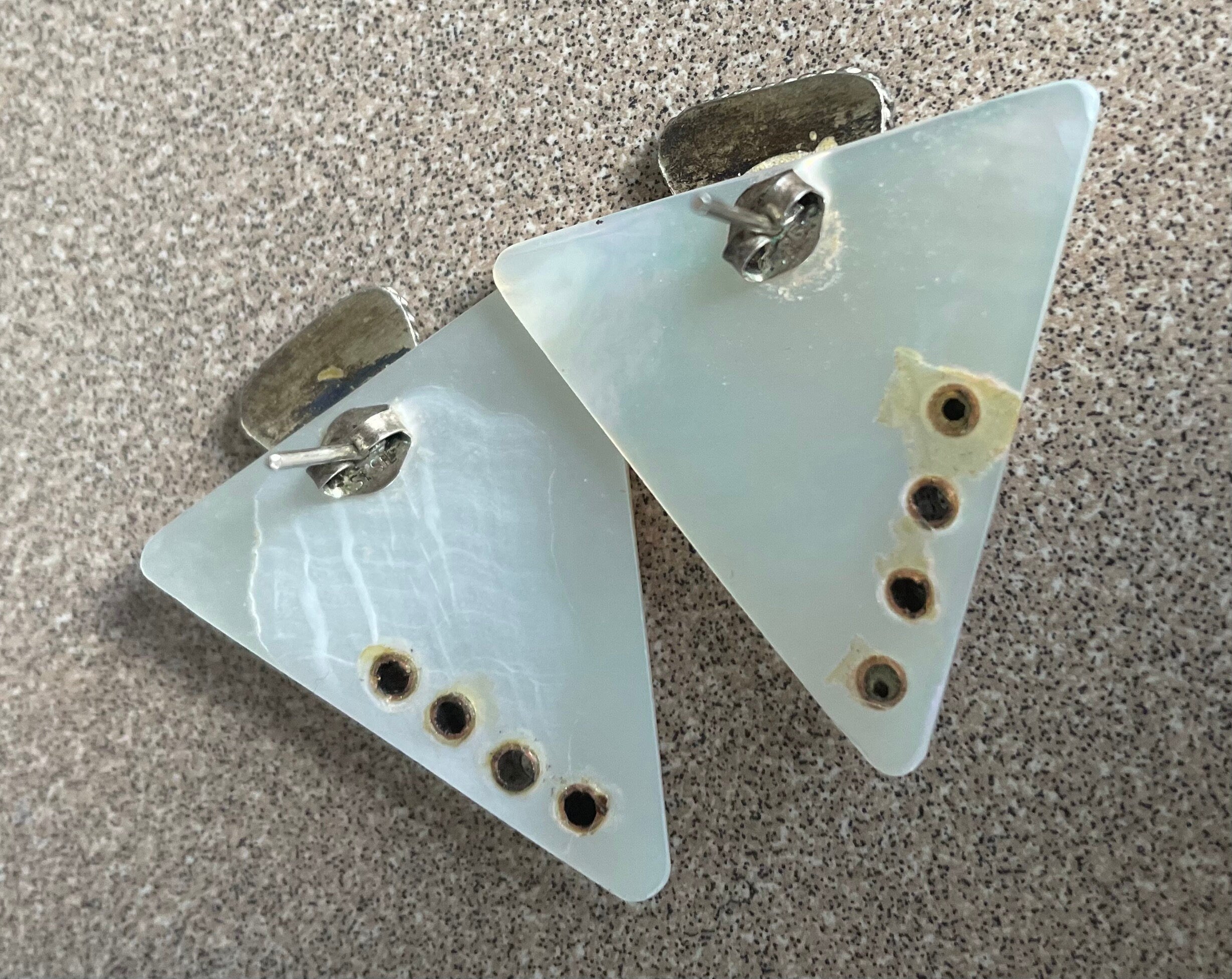 Unique Vintage Mother Of Pearl Sterling Silver Retro Earrings with Black Onyx Triangles