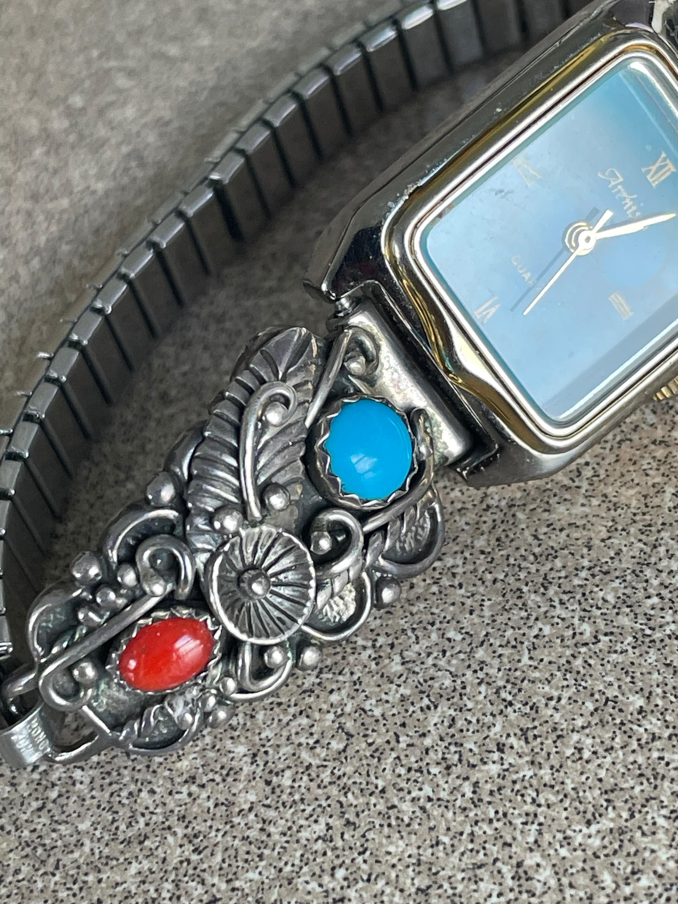 Vintage Artist Signed Native American Sterling Silver Watch Band And Watch Turquoise and Coral Stones