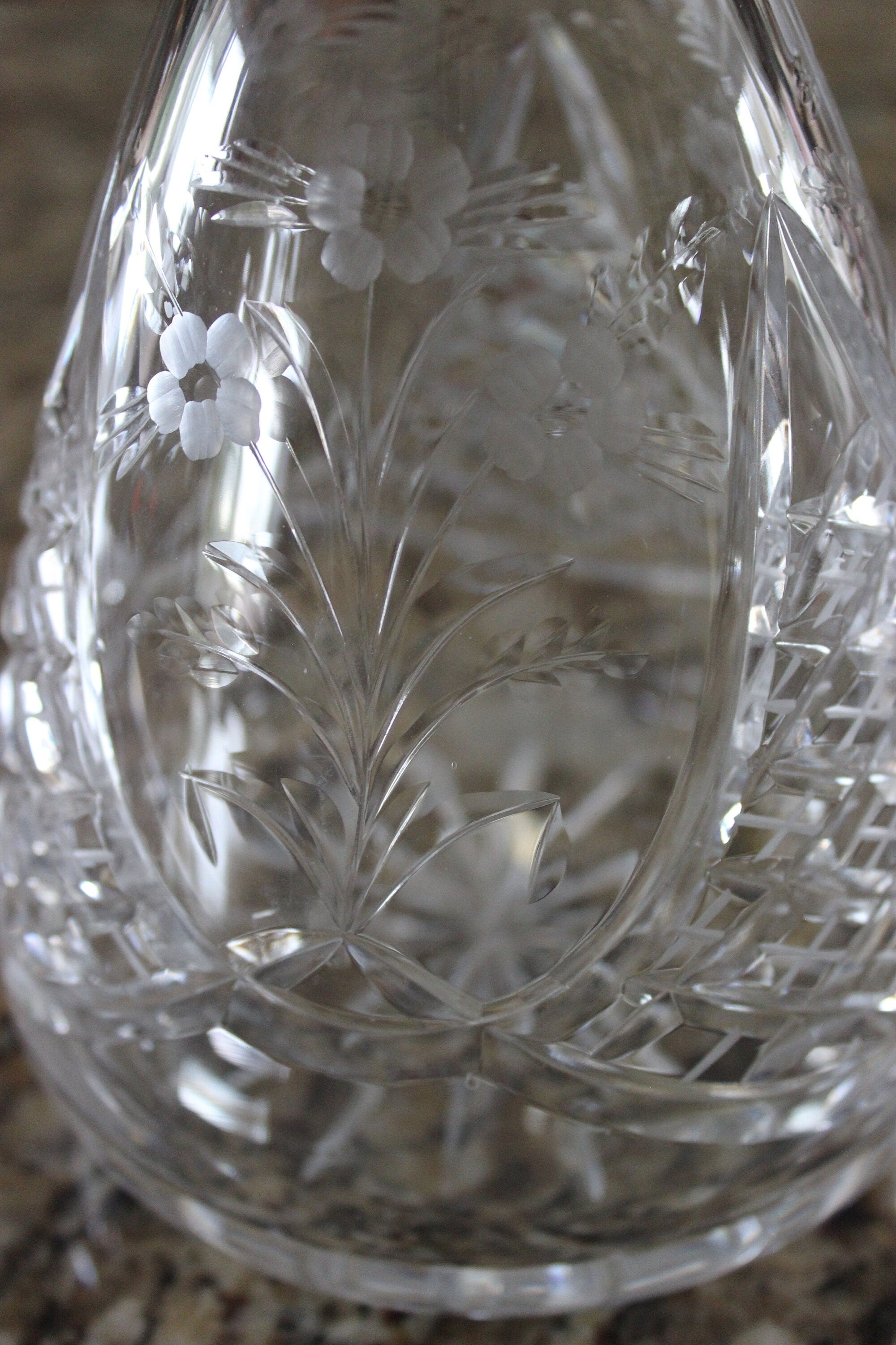 Stunning Vintage Heavy Cut Crystal Liquor Decanter with Etched Flowers Waterford