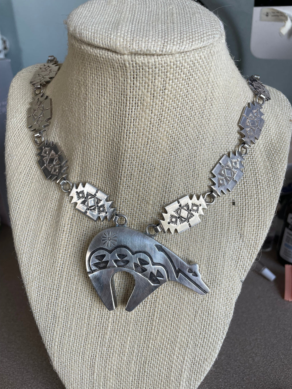 Navajo Spirit Bear Necklace .925 Silver Native American Artist C.80's