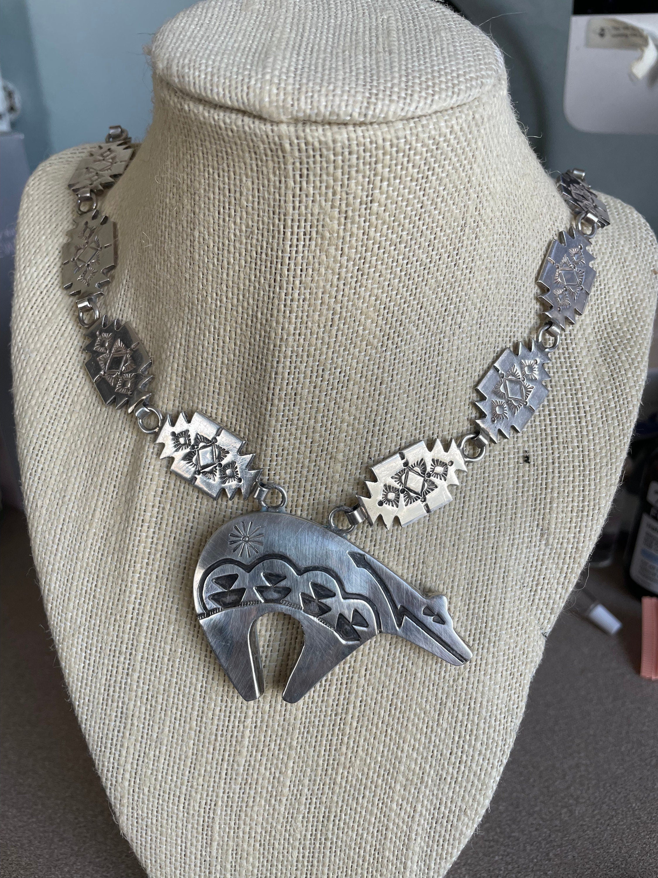 Navajo Spirit Bear Necklace .925 Silver Native American Artist C.80's