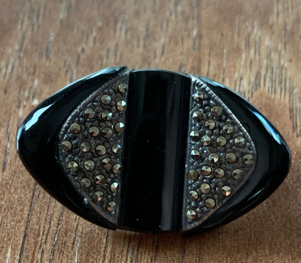 Antique Victorian Black Onyx and Malachite Mourning Brooch Pin