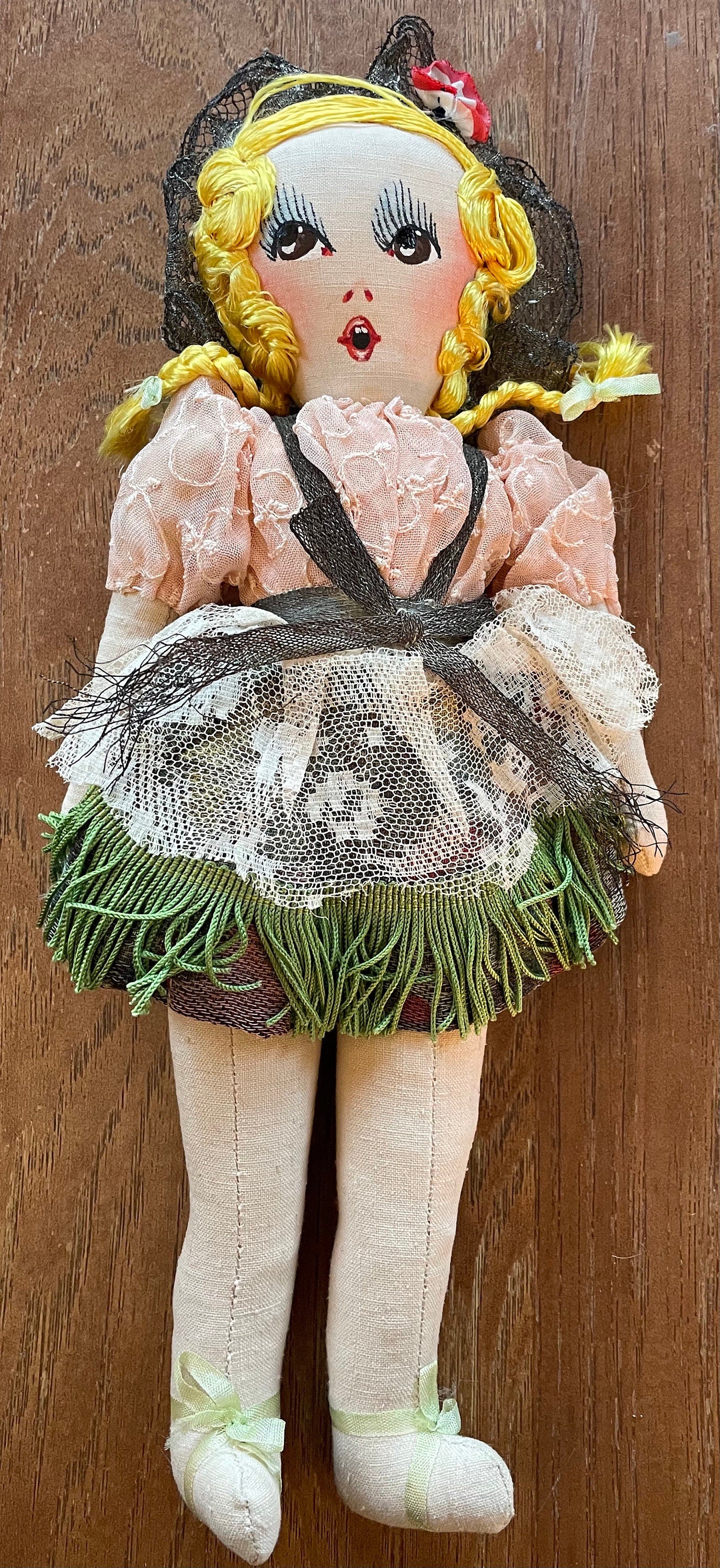 Antique WWII Hand Painted Cloth Doll Made in France Signed Alastian