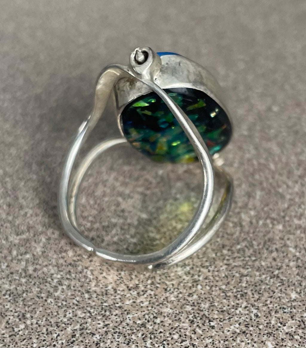 Vintage Unique Sterling Silver Foil Opal and Turquoise Spinner Double Sided Ring Size 9 1/2