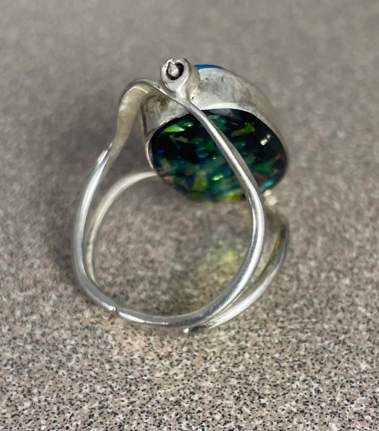 Vintage Unique Sterling Silver Foil Opal and Turquoise Spinner Double Sided Ring Size 9 1/2
